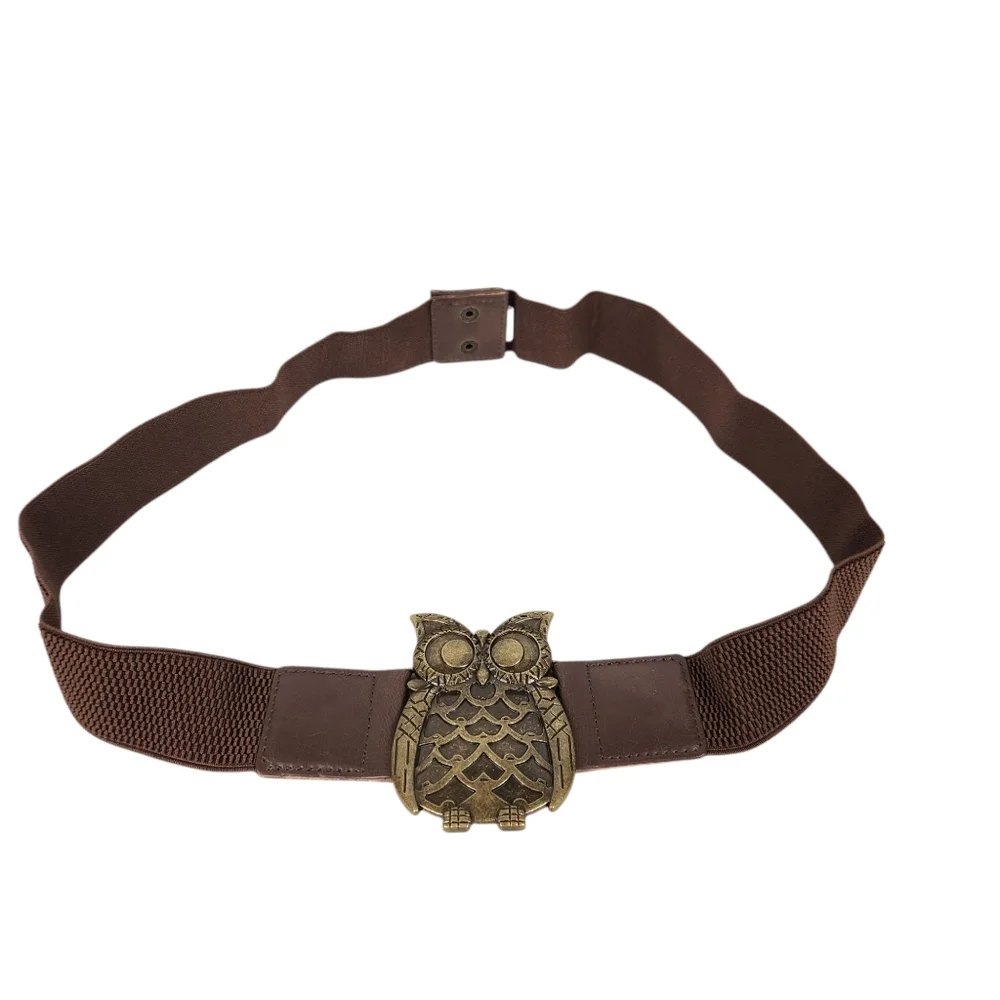 Fantasia Accessories Antique Brass Owl Brown Stretchy Boho Belt Womens Size L XL